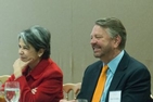 Panelist Jorge Castañeda, former foreign minister of Mexico, shares a laugh with Maria Otero, former undersecretary of state for Civilian Security, Democracy and Human Rights.